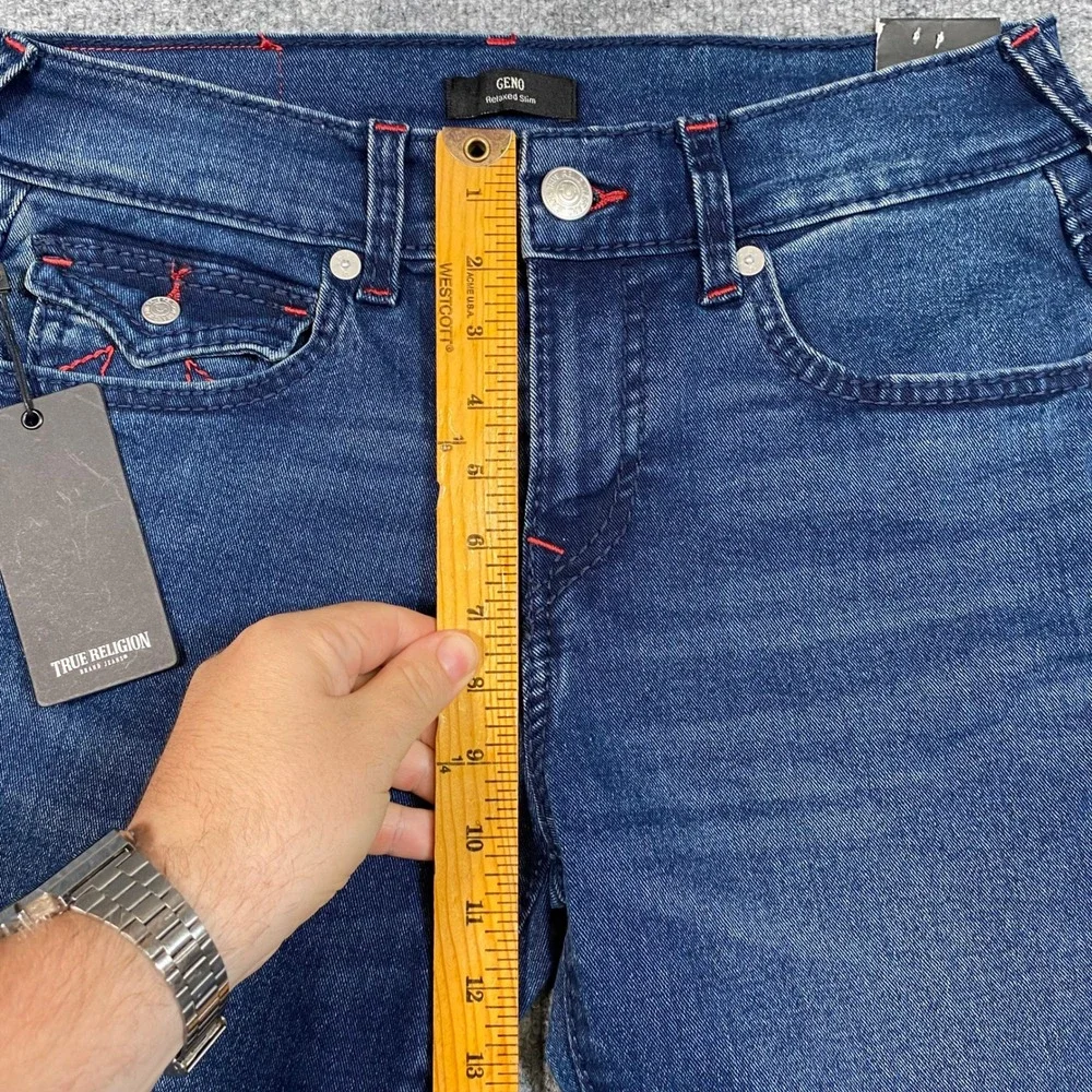 True Religion Mens Geno Relaxed Slim Jeans Dark Shivering Wash Blue 30 Big T